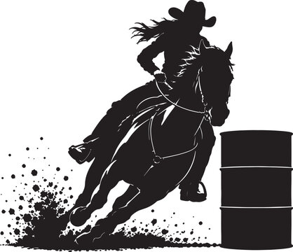 A cowgirl riding a horse around a metal barrel, barrel racing action scene with mud splashes, isolated silhouette on a also transparent background