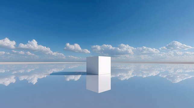 Minimalist white cube on reflective surface, geometric pedestal in surreal landscape, abstract product display stage under blue sky