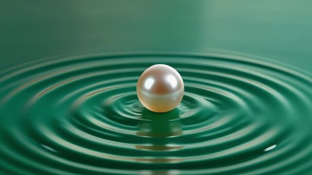 A stunning macro animation of a perfectly round, lustrous pearl gently falling and resting on a smooth emerald green liquid surface