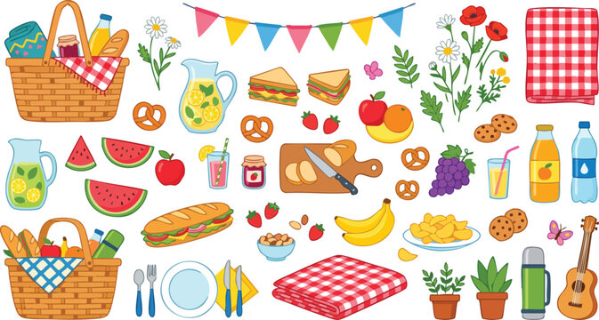Set of colorful summer icons with food fruits fish and meal symbols in a cartoon vector style