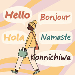 Illustration of woman walking with multilingual speech bubbles multilingual diversity © Md
