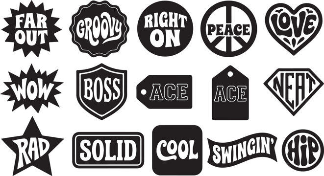 Vibrant collection of retro graphic badges and phrases like far out groovy and peace love for design.