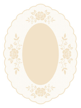 Classic oval lace frame with rose. Whimsical lace doily clipart for wedding invitations, cottagecore stationery. Floral pattern, honeycomb texture. Embroidery handkerchief with scalloped borders.