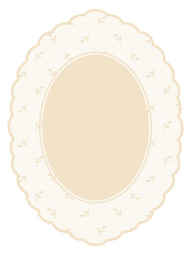 Vintage lace oval frame with leaf pattern border. Elegant crochet style clipart for baby shower invitations, wedding cards. Whimsy embroidery handkerchief. Classic lace doily with mesh texture.
