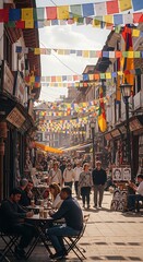 Naklejka premium Vibrant street scene in Kathmandu with colorful prayer flags and local people.