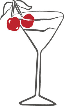 Hand-drawn vintage martini glass with a red cherry garnish isolated on white background. A whimsical brush stroke beverage illustration for wedding receptions, Valentine's Day, romantic celebrations.