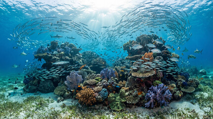 Fototapeta premium Large school of fish swimming over vibrant coral reef in clear blue ocean