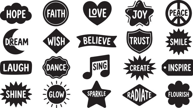 Collection of black chalk lettering and symbols for inspiration and motivation like hope faith love joy peace dream wish believe trust smile laugh dance sing create inspire.