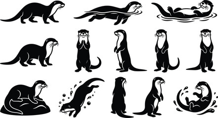 Obraz premium Black and White Otter Silhouette Vector Illustration Set with Standing Swimming Floating and Diving Wild Animal Characters for Stencil Graphic Design