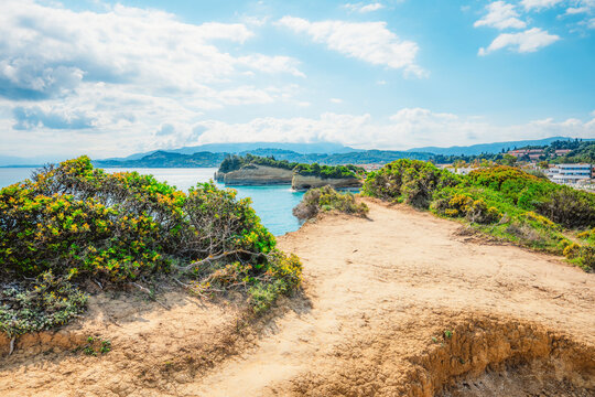 Cape Drastis, natural landscape with white rocks and turquoise waters, northern part of Corfu island, Ionian islands of Greece
