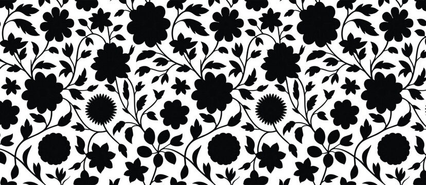 Elegant black and white seamless floral border design featuring intricate flower silhouettes and leaves visible