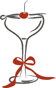 Hand-drawn vintage cocktail coupe glass with cherry garnish and a bow isolated on white. A whimsical brush stroke beverage illustration for bridal showers, Valentine's Day, romantic celebrations. 