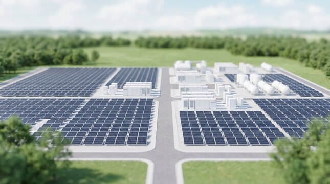 An aerial tilt-shift view of a hybrid solar panel power plant and hydrogen storage facility surrounded by green trees, in a detailed 3D rendering.