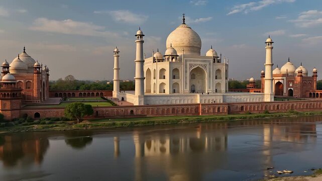 A rapid flight around Tah Mahal. Panoramic view of the Mughal dynasty gardens, with the mosque, the jawab and the Yamuna River, in which the gorgeous mausoleum is reflected.