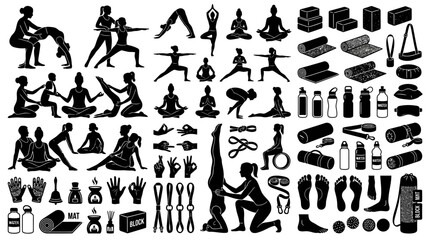 Obraz premium Yoga equipment and people in various poses on a mat with accessories