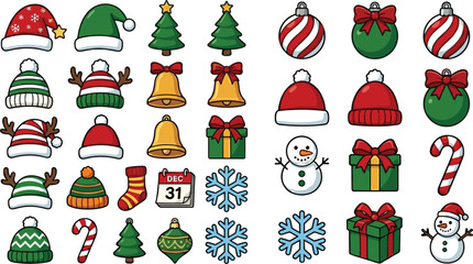Naklejka premium Christmas Holiday Graphic Asset Set with Winter Beanies Santa Caps Golden Bells Striped Baubles Gift Boxes and Cute Snowmen Icons for Festive Designs