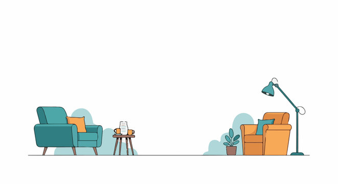 A living room scene with two chairs, a table, and lamp