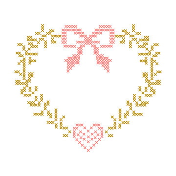 Cross stitch decorative floral heart wreath and ribbon bow border isolated on white background. Whimsical pixelated embroidery needlework design set for elegant wedding invitations and decor. Vector.