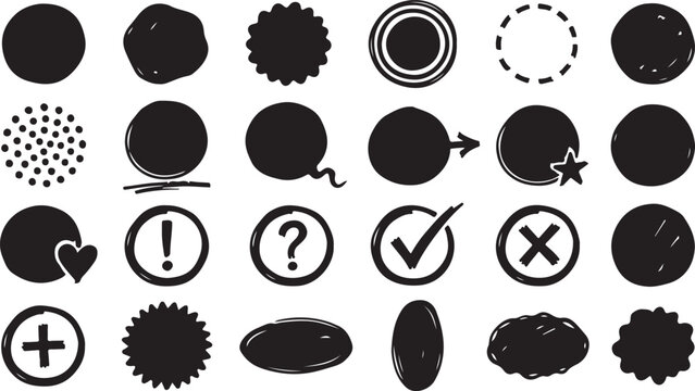 Collection of circle shape doodle stickers and web button elements for digital planning or graphic design decoration isolated on transparent background basic geometry set design.