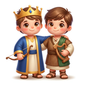 King david and jonathan as lovable cartoon characters with a golden crown, wooden harp, and bow in a biblical illustration. Perfect for religious designs and storytelling visuals.