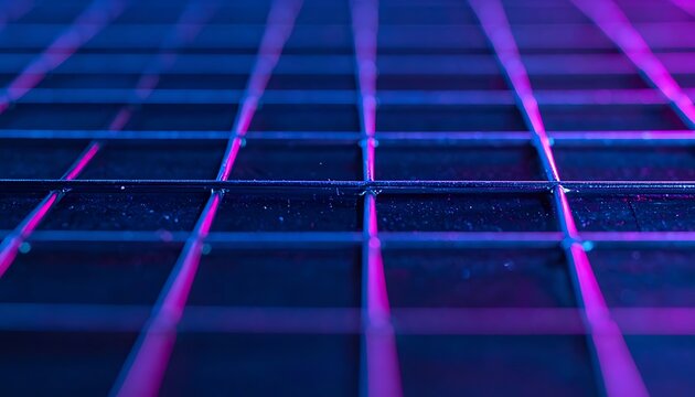 Neon purple blue grid pattern background.
