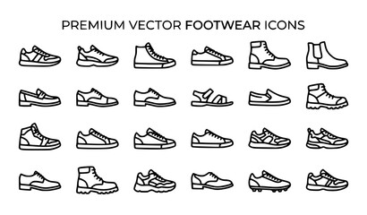 Obraz premium Shoes Icon Set with Sneakers Boots Casual Footwear and Sports Shoe Outline Symbols Vector Collection