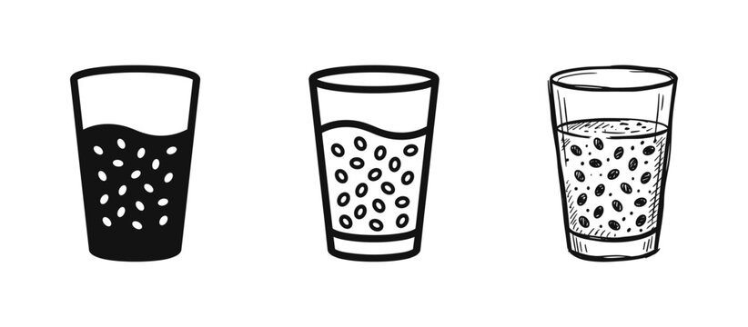 Healthy Drink with Chia Seeds Icon Set in Three Styles - Silhouette, Outline, and Hand-Drawn Sketch