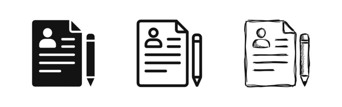 Resume Icon Set with Solid, Outline, and Hand-Drawn Sketch Styles for Job Search and Career Concepts