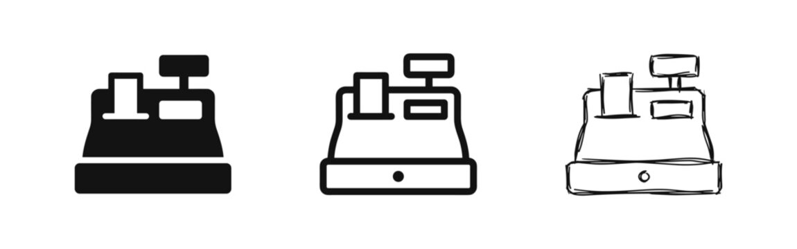 Cash Register Icon Set with Solid, Outline, and Hand-Drawn Sketch Styles for Retail and Commerce Design