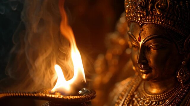 Golden Hindu Goddess Lakshmi statue with burning diya oil lamp and smoke during prayer ritual.