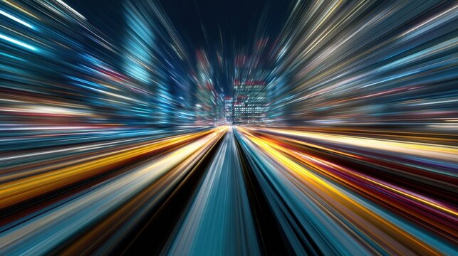 motion blur of city lights at night, high speed light trails on urban highway, abstract long exposure of metropolitan traffic and skyscrapers