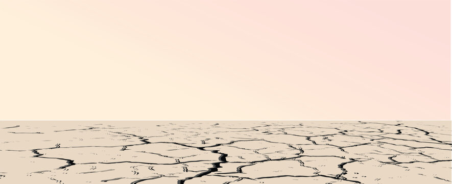 Panorama of a barren wasteland with cracked soil and barely visible sunlight amid an approaching sandstorm.  vector