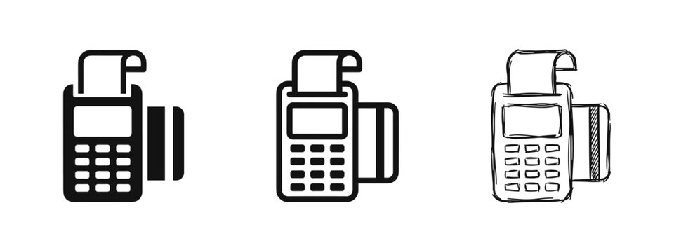 Payment Terminal POS Machine Icon Set in Silhouette, Outline and Sketch Styles