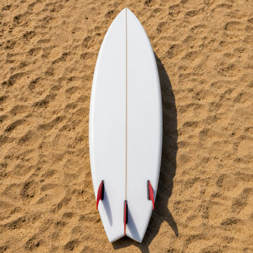 White surfboard with red fins lying on golden sand at a sunny tropical beach