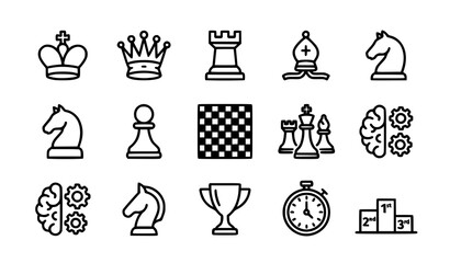 Chess outline icon set with strategy game pieces and board symbols for web app vector design © Munnat