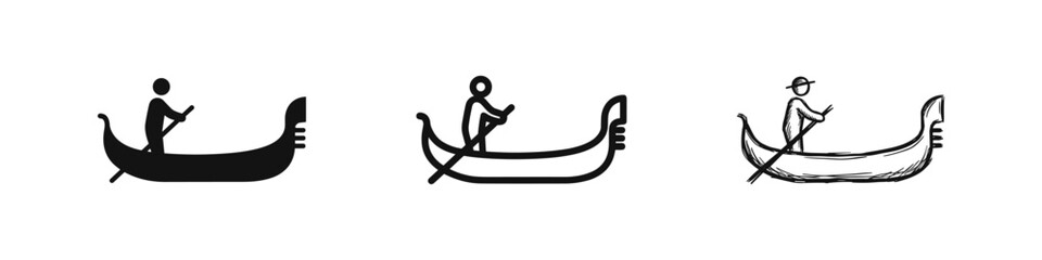 Venice gondola and gondolier icons in solid, outline, and hand-drawn sketch styles for Italy travel. © drawing lines