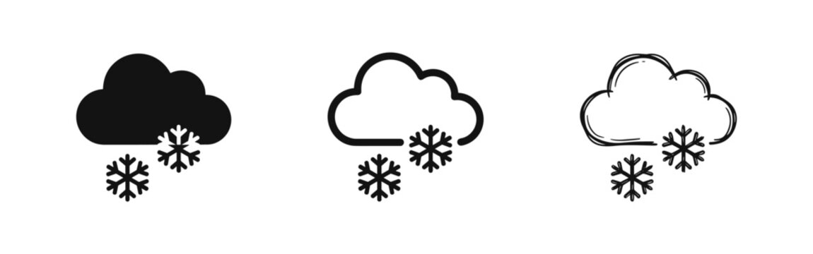 Snowy weather icons set of clouds and snowflakes in solid, outline, and hand-drawn styles.