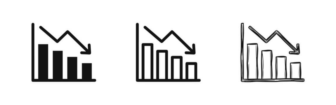 Business decline icons showing a falling bar chart with downward arrow in three graphic styles.