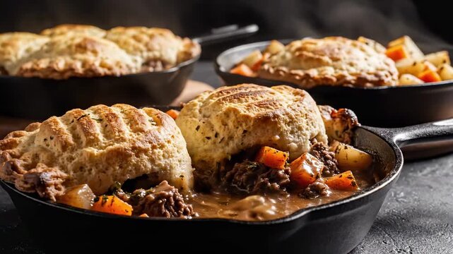 Rustic cast iron skillets hold hearty beef, carrots and potatoes under craggy biscuit crusts, capturing a dramatic firelit comfort food spread prepared for an indulgent pot pie day gathering