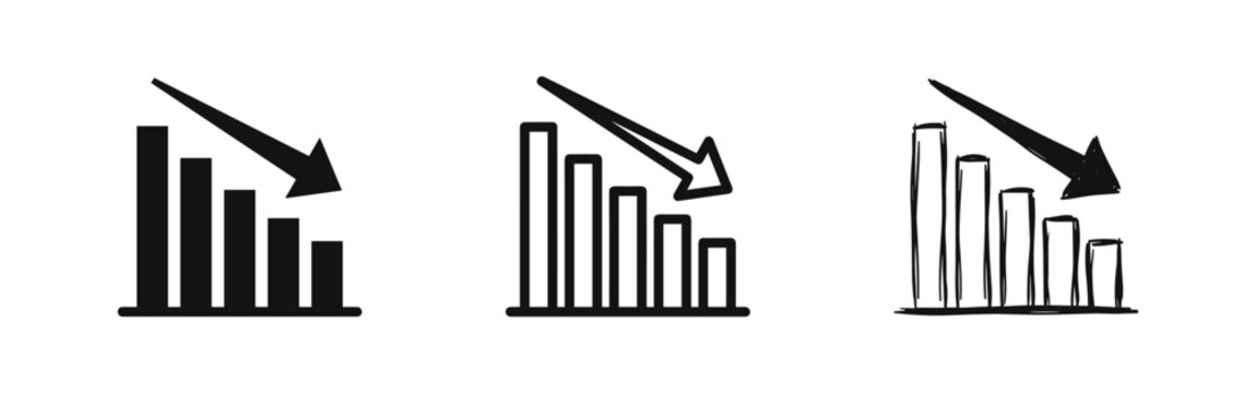 Declining Bar Chart with Downward Arrow Icon Set for Financial Loss and Negative Trend
