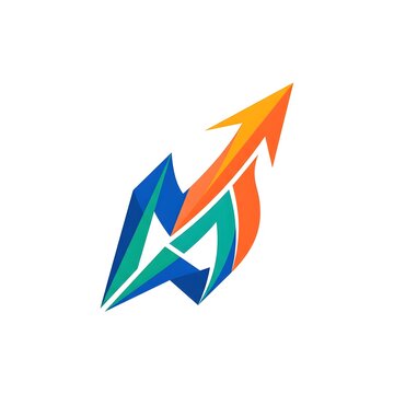 Sharp geometric growth arrow logo built from blue, teal and orange polygons with a rising orange tip, expressing strategy, analytics and forward momentum for finance, technology, logistics or ambitiou
