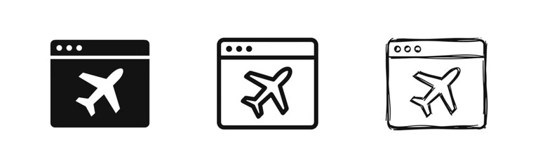 Fototapeta premium Flight booking browser icons set in solid, outline and hand-drawn sketch styles