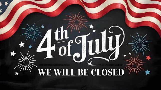 4th of july independence day holiday sign with festive fireworks and american flag bunting on a black chalkboard background