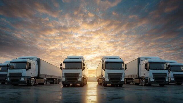 Trucks are parked neatly in a row with a colorful sky in the background at an industrial area during sunset