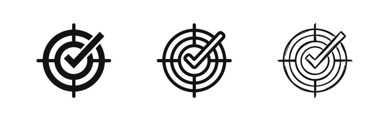 Target with checkmark icon set. Goal achievement symbol in solid, outline, and hand-drawn doodle style for success. © drawing lines