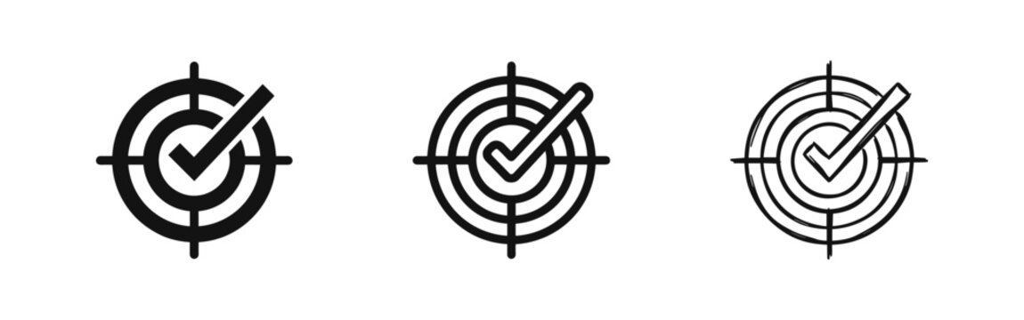 Target with checkmark icon set. Goal achievement symbol in solid, outline, and hand-drawn doodle style for success.