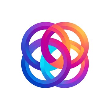 Interlocking gradient ring logo with five overlapping cyan, blue, purple and orange circles, suggesting connection, community and shared innovation for collaboration tools, fintech platforms, educatio
