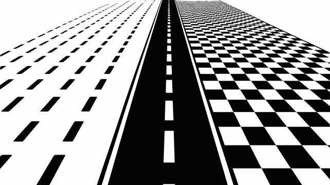 Roadway with dashed lane markings and checkered flag pattern a black and white vector illustration asphalt course dash direction drive flat