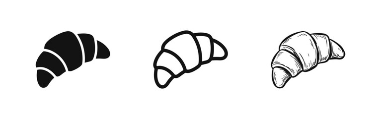 Naklejka premium Croissant icons set in glyph, outline, and hand-drawn styles. Bakery pastry symbol collection.
