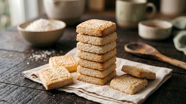 A delightful stack of square shortbread cookies, dusted with fine granulated sugar, rests on a textured linen napkin, invitingly placed on a rustic wooden surface beside a bowl of coarse white